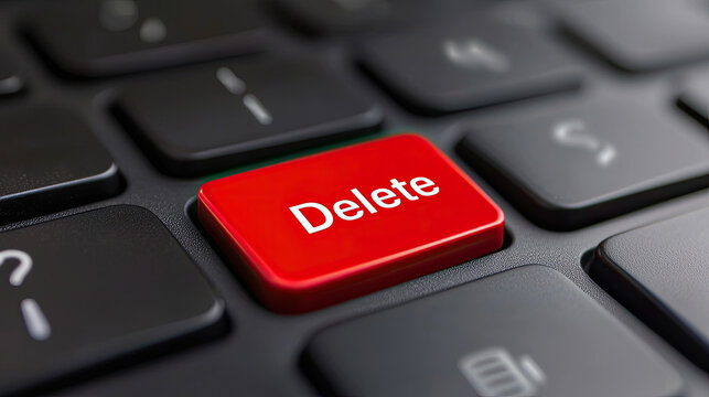 focused shot of red delete key on black keyboard, emphasizing its importance