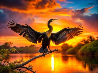 Captivating Silhouette of a Young Anhinga Perched Gracefully Against a Sunset Sky Highlighting the Beauty of Nature and Avian Life in a Serene Environment