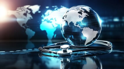 Glass globe with stethoscope on continents, glowing world map background symbolizing healthcare and medical concept.