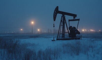 Naklejka premium A working oil pump jack at night in a snow-covered field, illuminated by industrial lights. Free copy space
