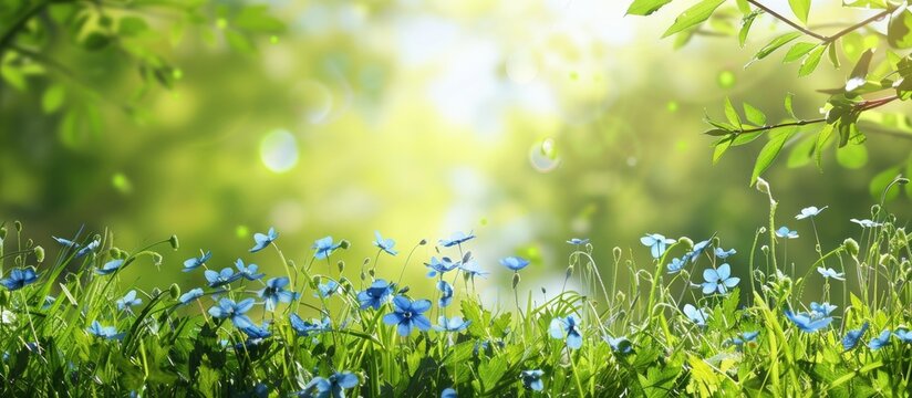 Spring Meadow Background Featuring Blue Flowers and Green Grass