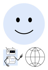 Smiling face emoticon robot with antenna and finger pointing, globe wireframe. Ideal for technology, AI, robotics, communication, happiness, global connectivity, digital interaction. Line metaphor