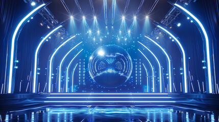 stage design features an archway with disco ball lighting, a blue and silver color scheme, LED screens displaying musical motifs in the background, stage lights shining down from above