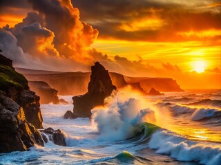 Fototapeta premium Captivating Silhouette Photography of a Roaring Coastline at Sunset with Dramatic Waves and Rocky Cliffs, Evoking a Sense of Adventure and Natural Beauty in a Serene Landscape