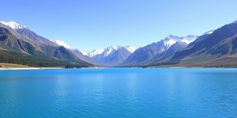 Serene blue lake surrounded by towering Himalayan peaks and lush greenery in the Spiti Valley, high altitude, serene