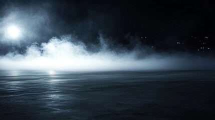 Mysterious and eerie night landscape with billowing fog, dark sky, and obscured city lights, creating a foreboding atmosphere.