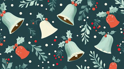 A repeat pattern with vintage holiday bells and holly leaves, accented with polka dots, perfect for a retro Christmas design.