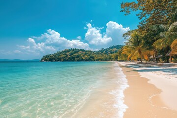 Fototapeta premium Tropical beach with white sand and lush green vegetation under a bright blue sky and crystal-clear turquoise water gently lapping the shore