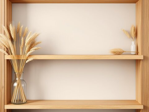 Shelf lined with wooden frames and dry wheat foxtails in a vase, dried flowers, home office, rustic decor