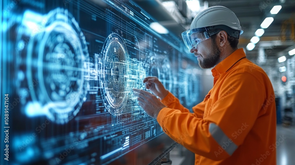 Poster engineer in a modern research lab analyzing data on an interactive display during work hours