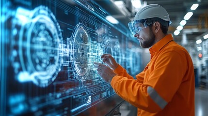 Engineer in a modern research lab analyzing data on an interactive display during work hours
