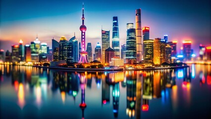 Fototapeta premium Captivating Tilt-Shift Night View of Pudong Skyline Illuminated by City Lights with Stunning Skyscrapers and Reflections on Water Creating a Dreamlike Atmosphere