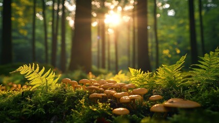 Golden Mushrooms in a Sunlit Forest