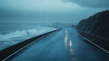 A Quiet Coastal Highway During a Rainstorm at Dusk