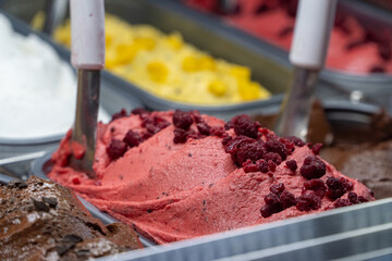 Close-Up of Raspberry Ice Cream in Shop Display