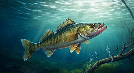 Fototapeta premium Walleye Fish in the Water, Stream or River, Isolated Nature Wildlife Fishing Angler Illustration