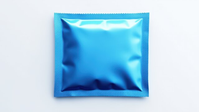 A smooth and sleek blue foil condom wrapper with a glossy finish, set on a plain white surface for modern and bold branding.