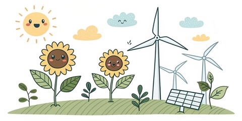 cute cartoon, climate change renewable energy background