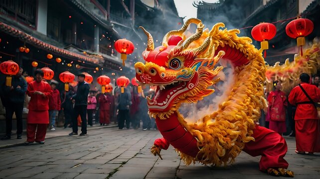 Lunar chinese new year celebration at street with lanterns and lunar dragon