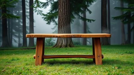 Obraz premium A beautifully crafted rustic wooden table is placed in a serene outdoor setting with a misty smoky background and tall trees surrounding it., misty atmosphere, tree branches, foggy background