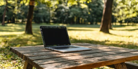 An outdoor scene showcasing a laptop mock-up on a picnic table, emphasizing usability