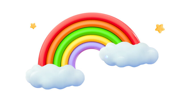 3D Rainbow with clouds Summertime object Rainbow emoji Weather symbol Vector illustration 