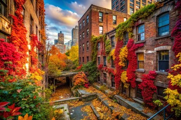 Fototapeta premium Captivating Urban Exploration in Fall: A Journey Through Colorful Leaves and Abandoned Buildings, Embracing Nature's Beauty Amidst Urban Decay