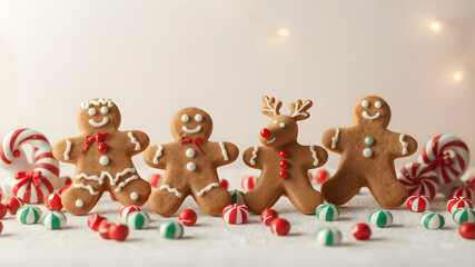 Fototapeta premium 8K Christmas background with gingerbread cookies in the shape of people and reindeer, decorated with white and red icing