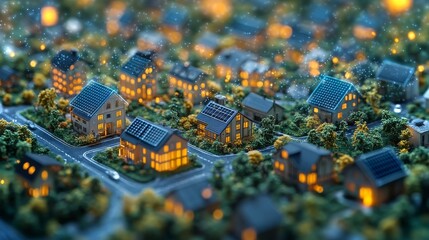 A vibrant smart city illustration showcasing rooftop solar panels on houses at night