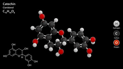 Molecule: Catechin. Antioxidant. Flavonoid. Molecular structure. Formula: C15H14O6. Chemical model: Ball and stick. Black background. 3D illustration.