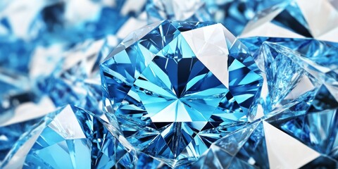 Blue diamonds of varied sizes and shapes arranged in a depth-inducing scatter, set against a blurred backdrop, exuding dreamy aesthetics.