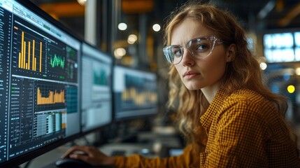 Scientist analyzing data from wind turbines in a modern research facility at dusk
