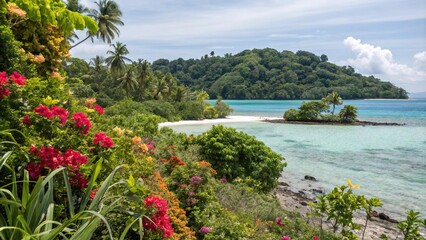 Tropical island with lush green vegetation and vibrant flowers, outdoor, foliage