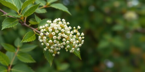 A branch with multiple tiny white elderberry flowers in full bloom surrounded by lush green leaves, botanicals, blooming branches, small blooms