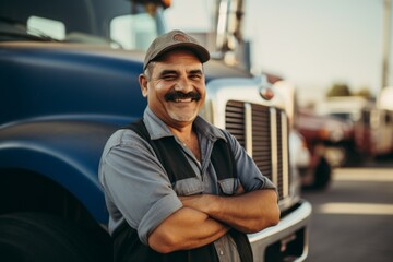 Smiling portrait of a middle aged Mexican tow truck driver