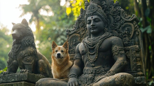 Bhairava, a fierce form of Shiva, with a dog companion, in a graveyard setting