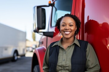 Naklejka premium Smiling portrait of a middle aged African American female truck driver