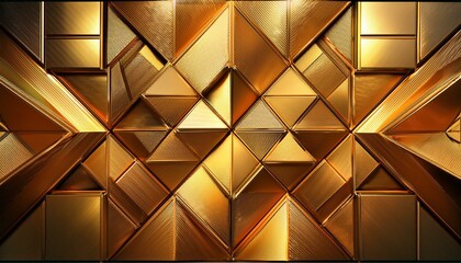 Obraz premium 金色の未来的な三角形の立体ブロック構造。三角形タイルのパターンの背景画像。（Futuristic triangular three-dimensional block structure. Background image of a pattern of triangle tiles.） 