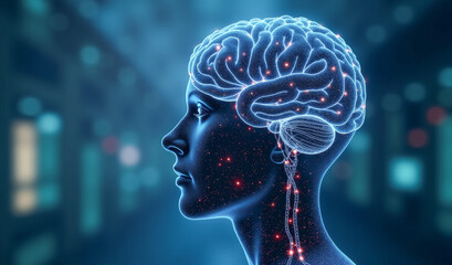Obraz premium virtual head and human brain in virtual reality