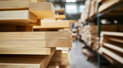 Obraz premium Stack of Wooden Planks in a Lumber Yard