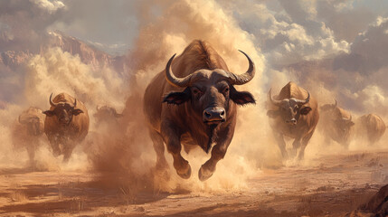A herd of buffalo running in the desert, with dust clouds swirling around them