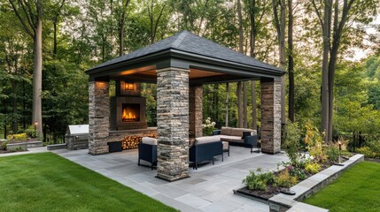 Sleek, angular gazebo with stone pillars, outdoor fireplace, surrounded by trees 
