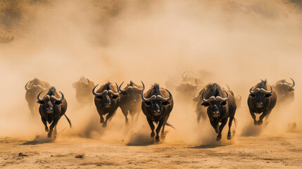 A herd of buffalo running in the desert, with dust clouds swirling around them
