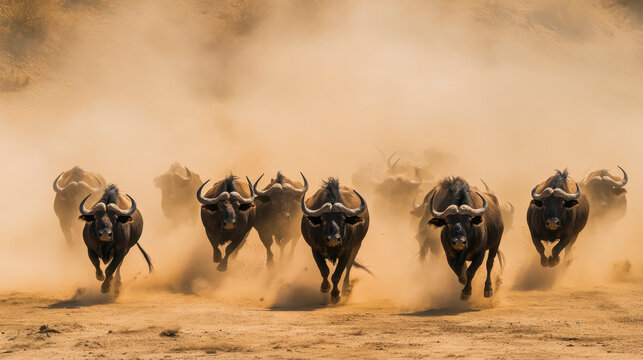 A herd of buffalo running in the desert, with dust clouds swirling around them