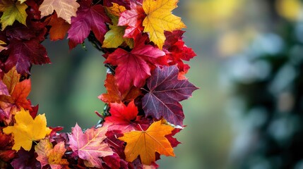 A wreath made of autumn leaves in vibrant shades of red, orange, and yellow, creating a beautiful seasonal display.