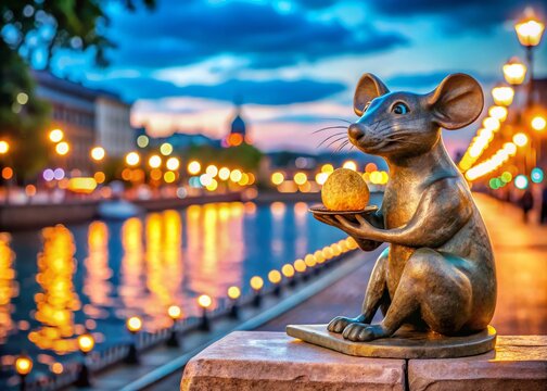 Charming Sculpture of a Mouse with Cheese on the Volga Embankment in Myshkin, Yaroslavl Region, Surrounded by Vibrant Bokeh Lights on Nikolskaya Street