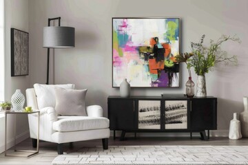 Modern living room with abstract art and white armchair