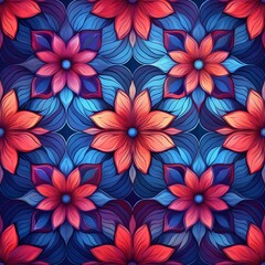 Geometric red winged flower pattern in seamless design with vivid blues and subtle gradients. Generative AI