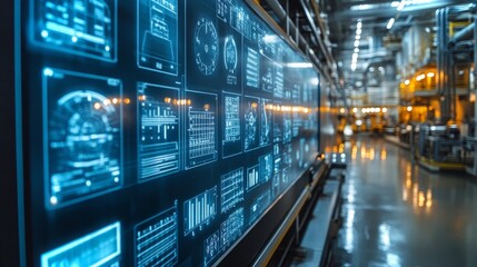 Hydroelectric power station with holographic displays showcasing real-time data and analytics
