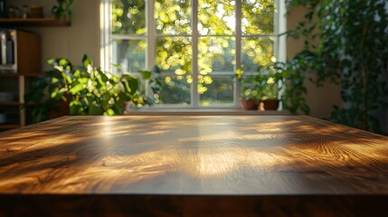 A warm, sunlit interior scene featuring a wooden table with soft shadows, surrounded by lush greenery and a bright window.